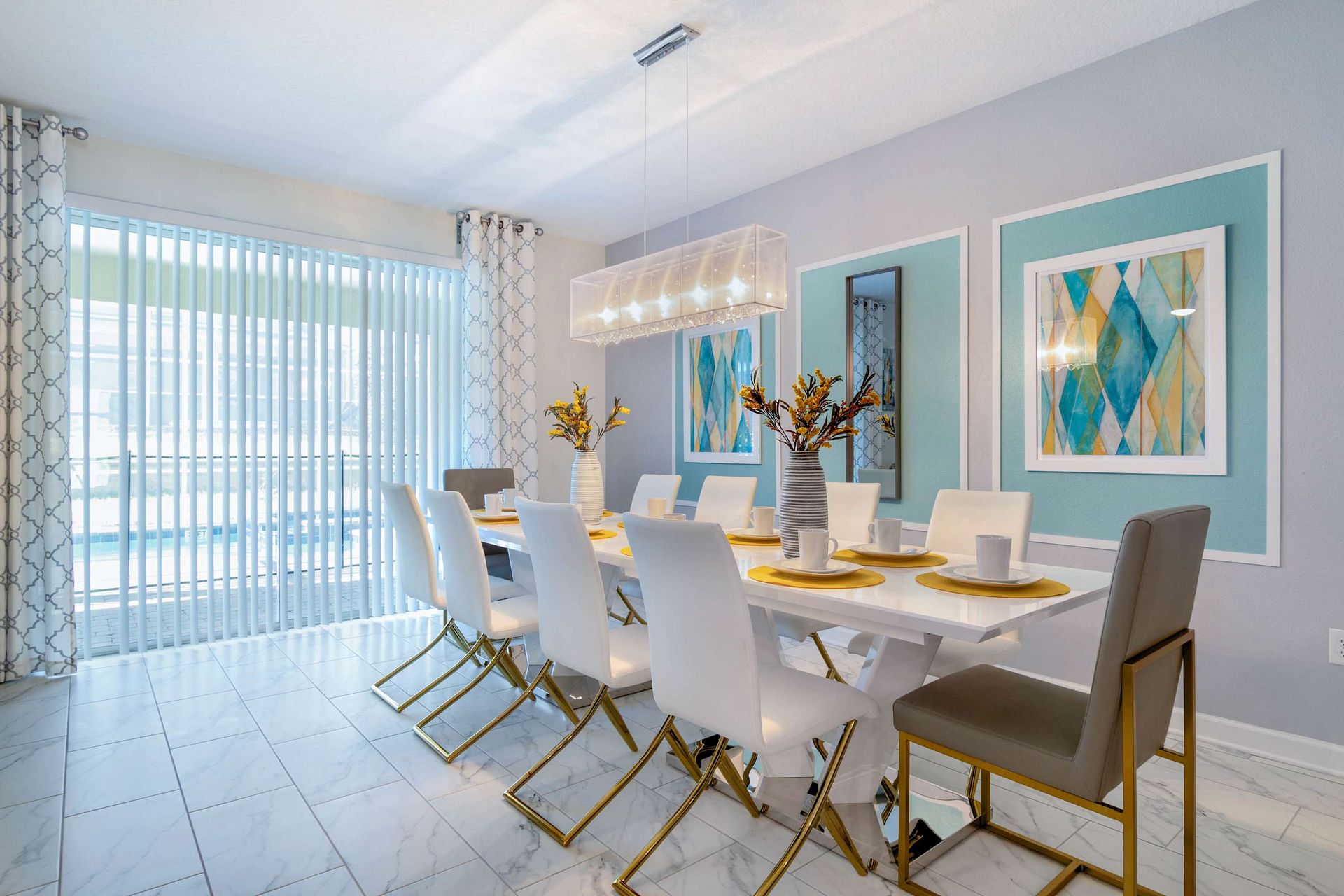 Elegant dining area w/ seating for 10, chic decor & natural light!