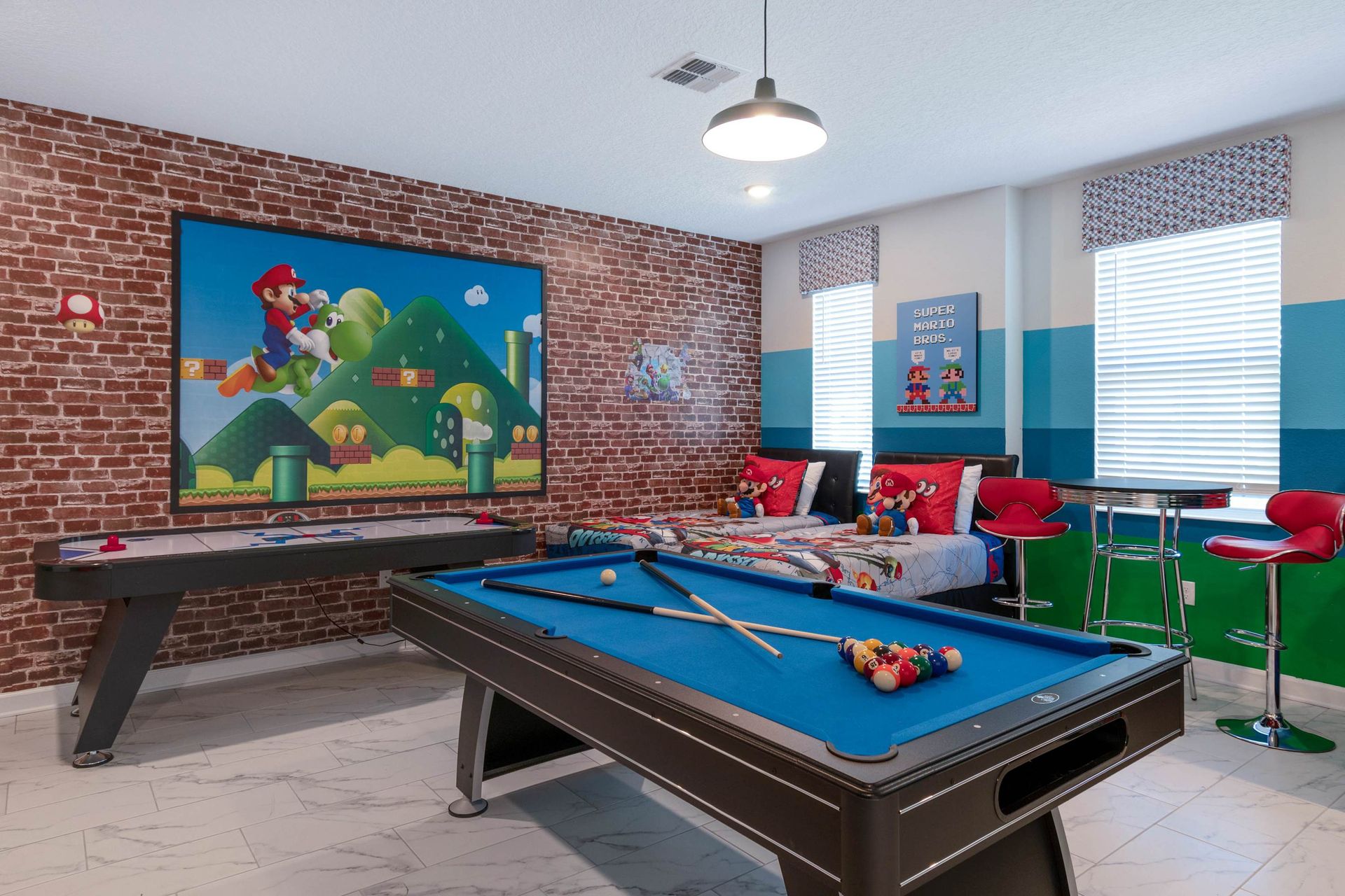 Ultimate Mario-themed game room w/ beds, pool, & air hockey!