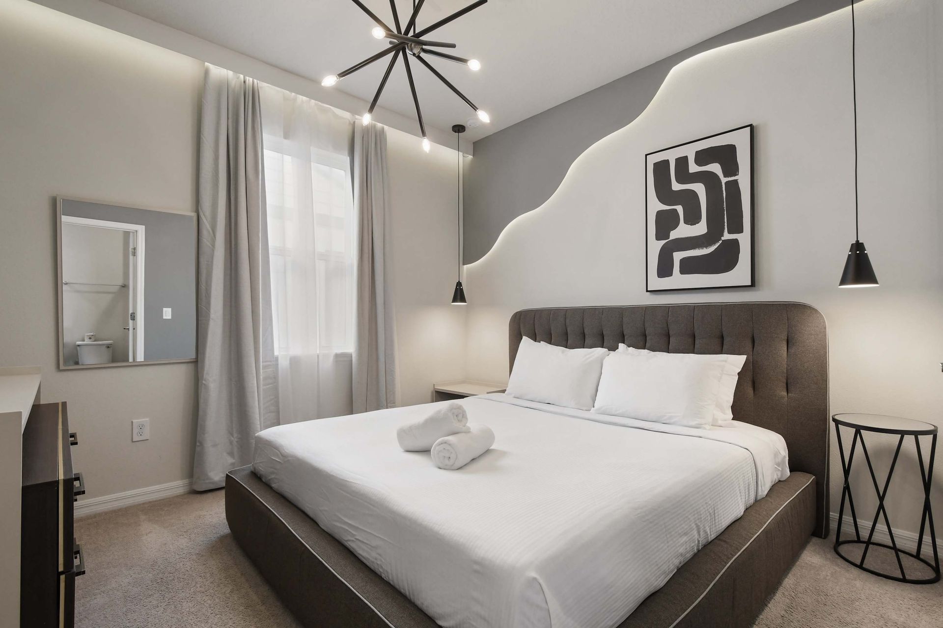 Enjoy a peaceful night's sleep in our charming princess inspired bedroom, offering you comfort and tranquility.