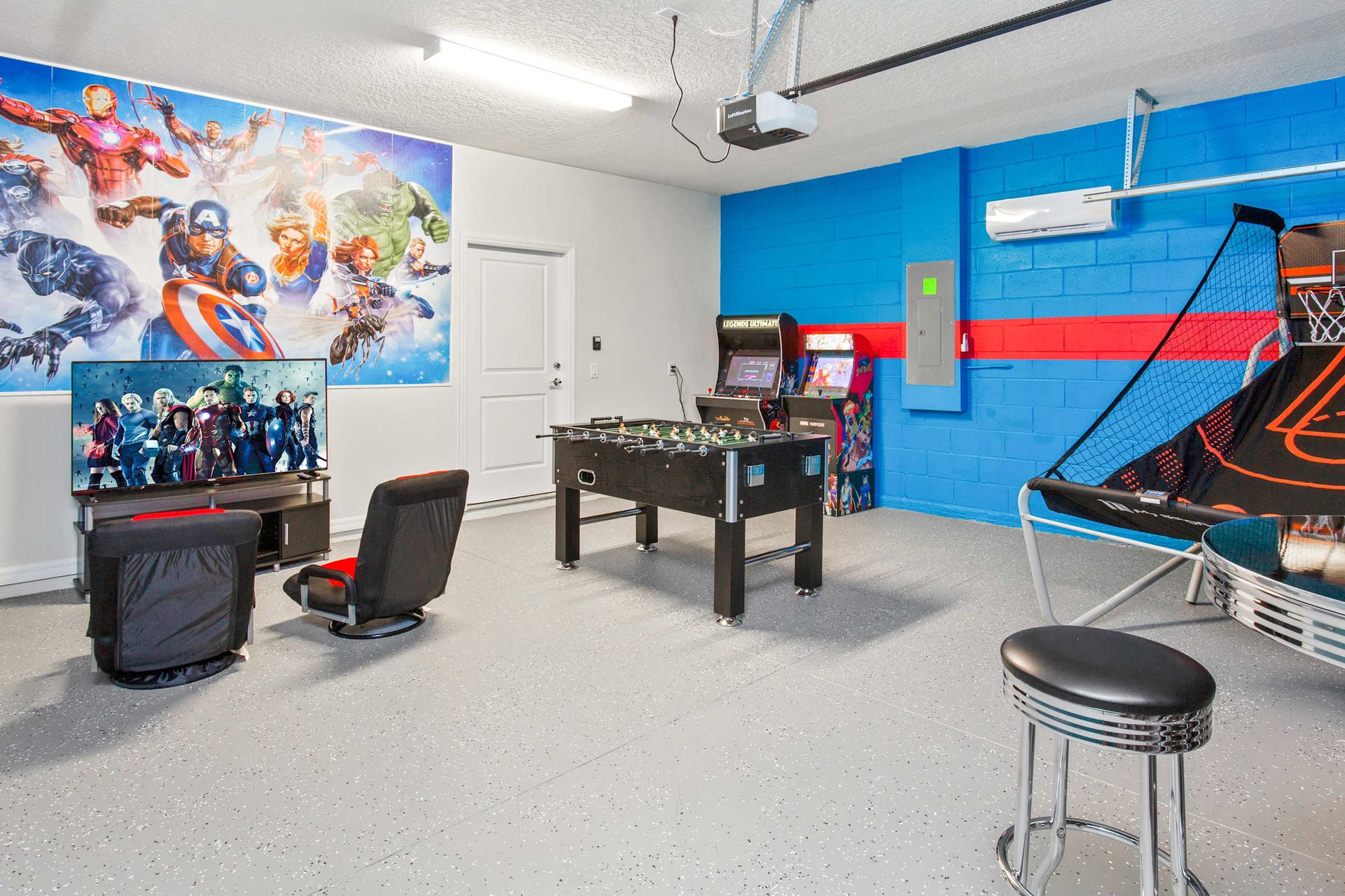 Avengers-themed game room, providing an immersive and exciting space for fans to enjoy gaming and entertainment