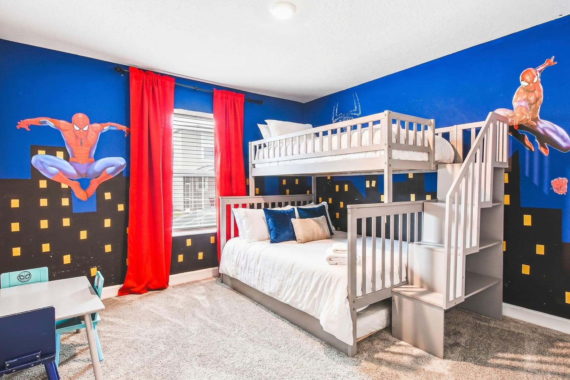 Exciting Spider-themed bedroom for kids, ensuring a fun and adventurous atmosphere for little ones.
