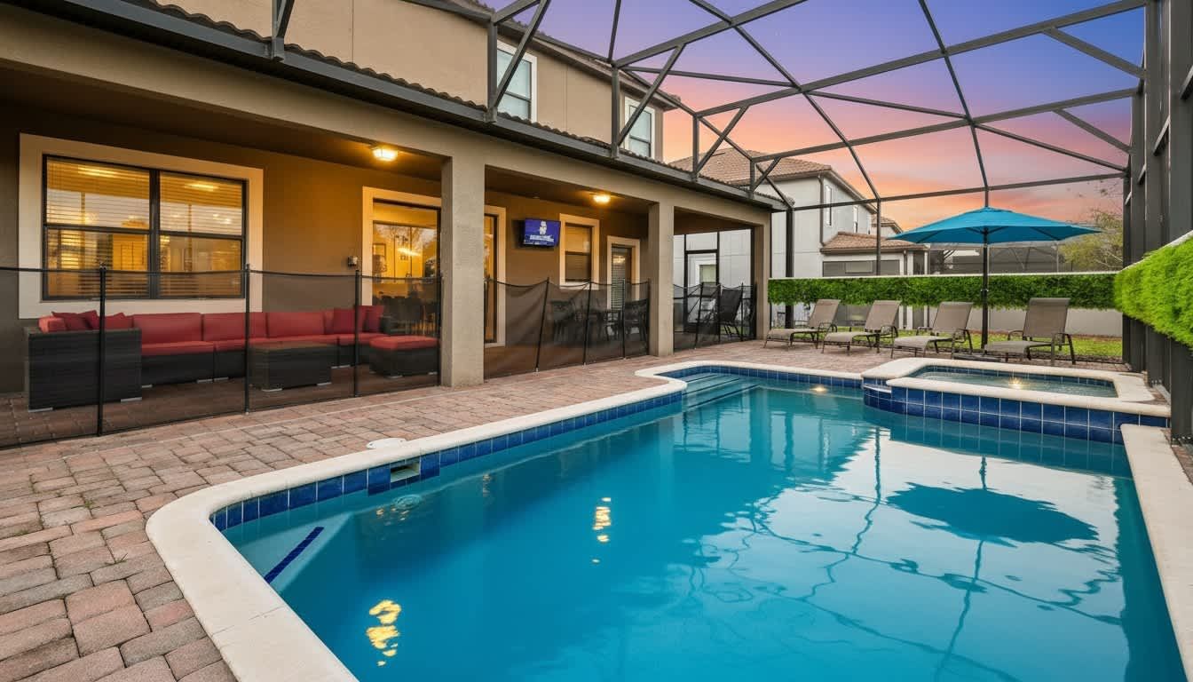 Inviting patio with pool, hot tub, lounge chairs, and a cozy red sectional, perfect for relaxation.