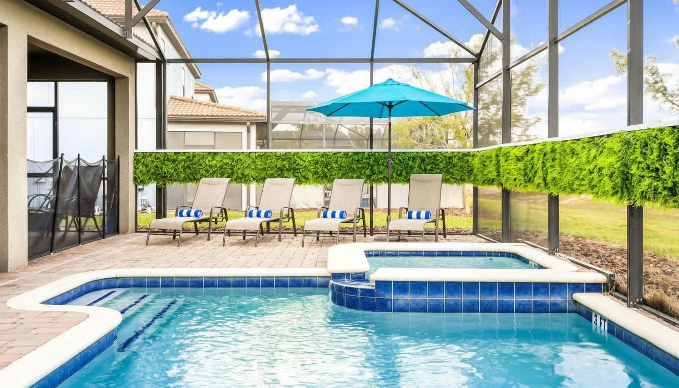 Luxurious screened-in patio with blue pool, hot tub, lounge chairs, and greenery for ultimate relaxation.