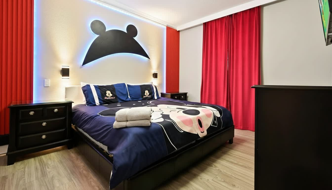 Regal Mickey Mouse-themed king bedroom, blending royal comfort with the whimsy of beloved characters