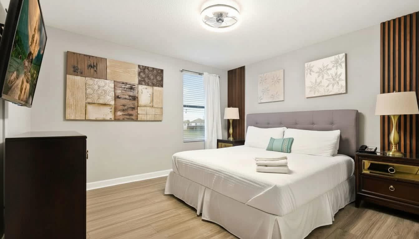 Modern bedroom with gray accents, abstract wall art, and cozy bedding for a stylish and comfortable retreat.