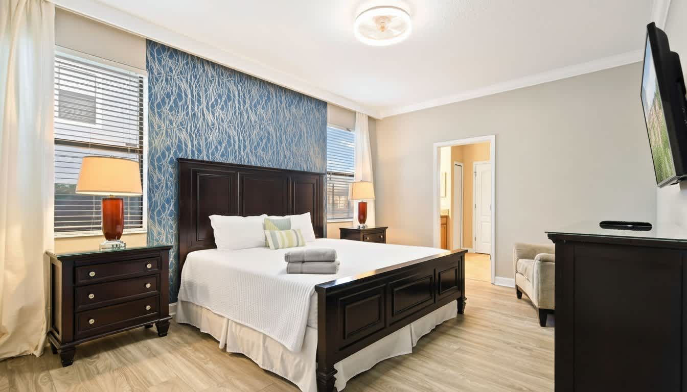 Sleek and pristine king bedroom exuding cleanliness and sophisticated simplicity