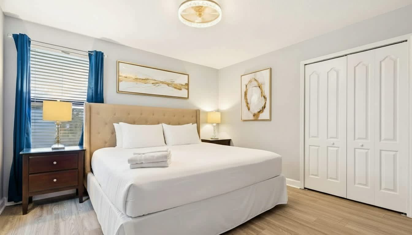 Bright and cozy bedroom with a tufted headboard, modern decor, and soft lighting for a relaxing stay.