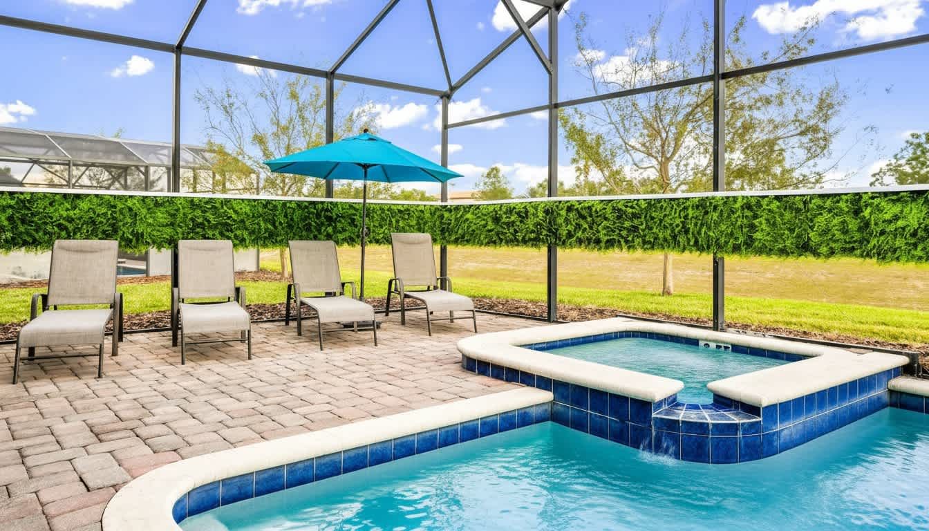 Inviting pool area with lush greenery, comfy loungers, and a hot tub under a clear blue sky.