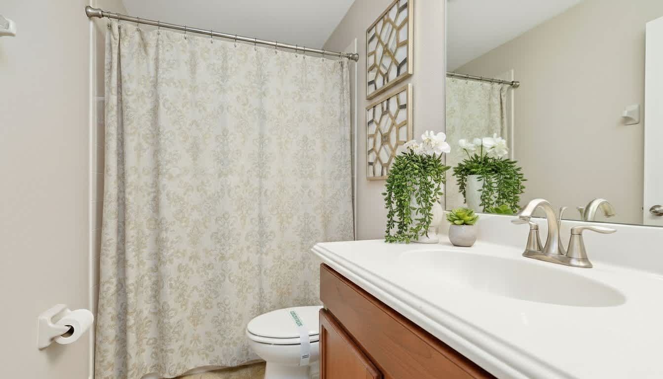 Cozy bathroom with a shower-tub combo, light tiles, soft white towels, and wood vanity under bright lighting.