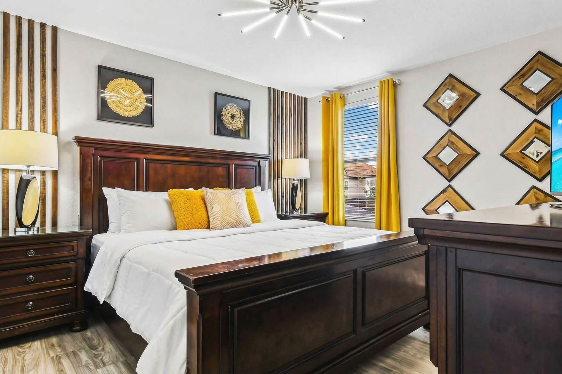 Comfortable king bed in a spacious bedroom, ensuring restful nights and a luxurious atmosphere