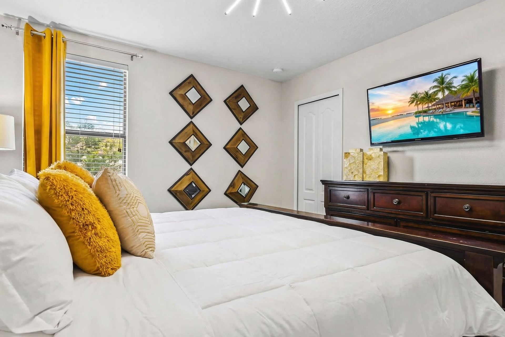 Comfortable king bed in a spacious bedroom, ensuring restful nights and a luxurious atmosphere