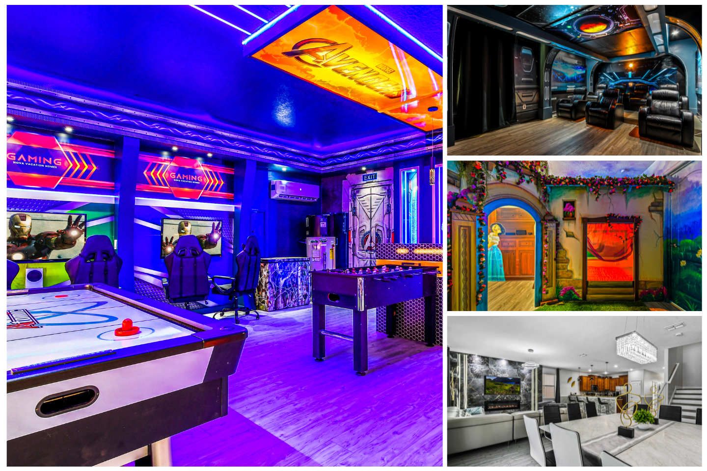 Collage of vibrant themed rooms: Avengers gaming, futuristic theater, fairy tale bedroom, modern dining.