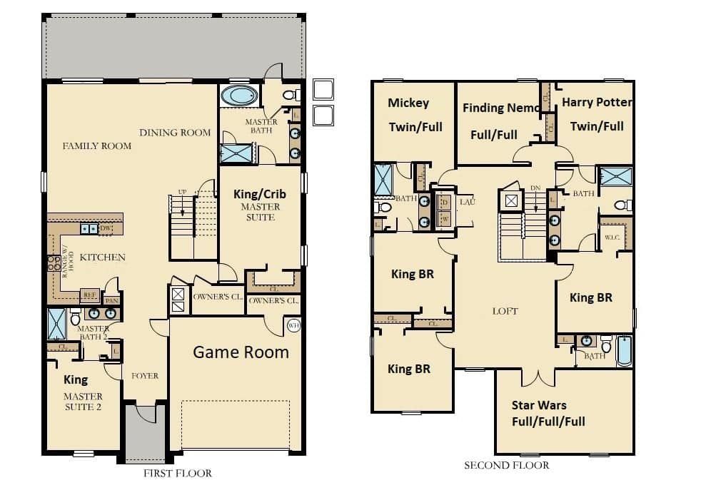 Spacious 8BR floor plan: themed rooms, game room, and family space!