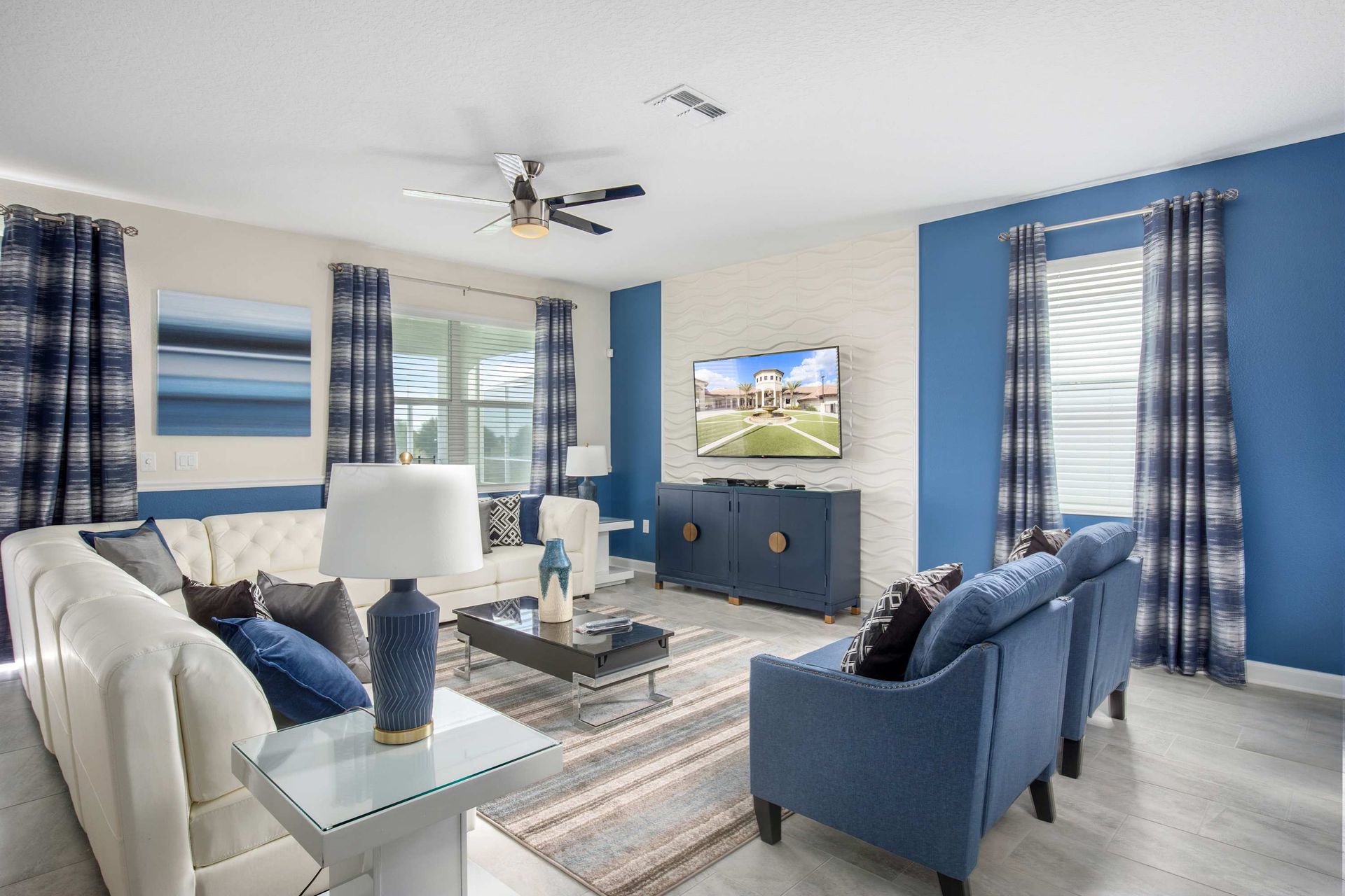 Stylish living room with comfy seating, modern decor, and TV