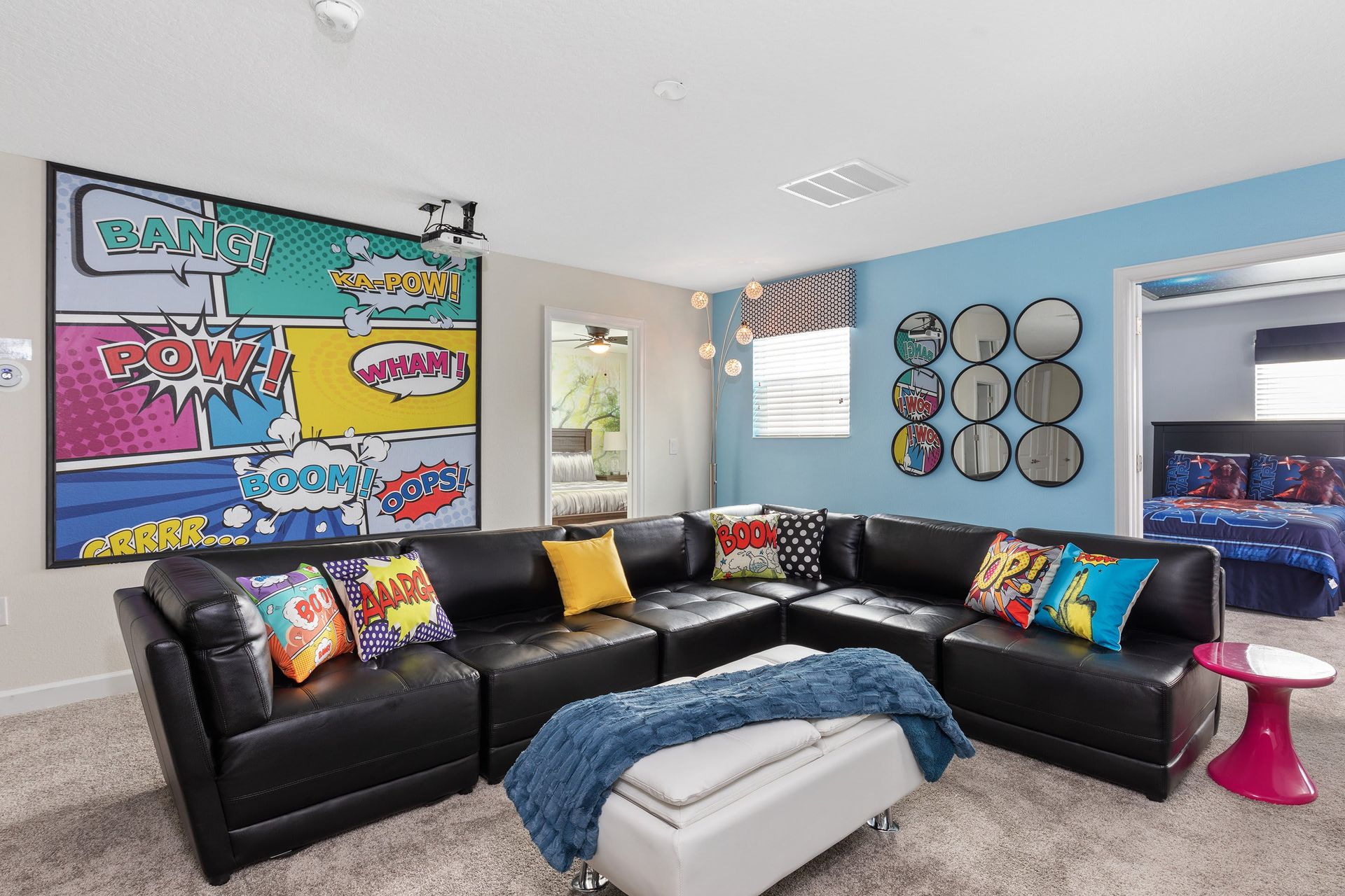 Fun comic-themed lounge with bold decor, cozy seating, and style!