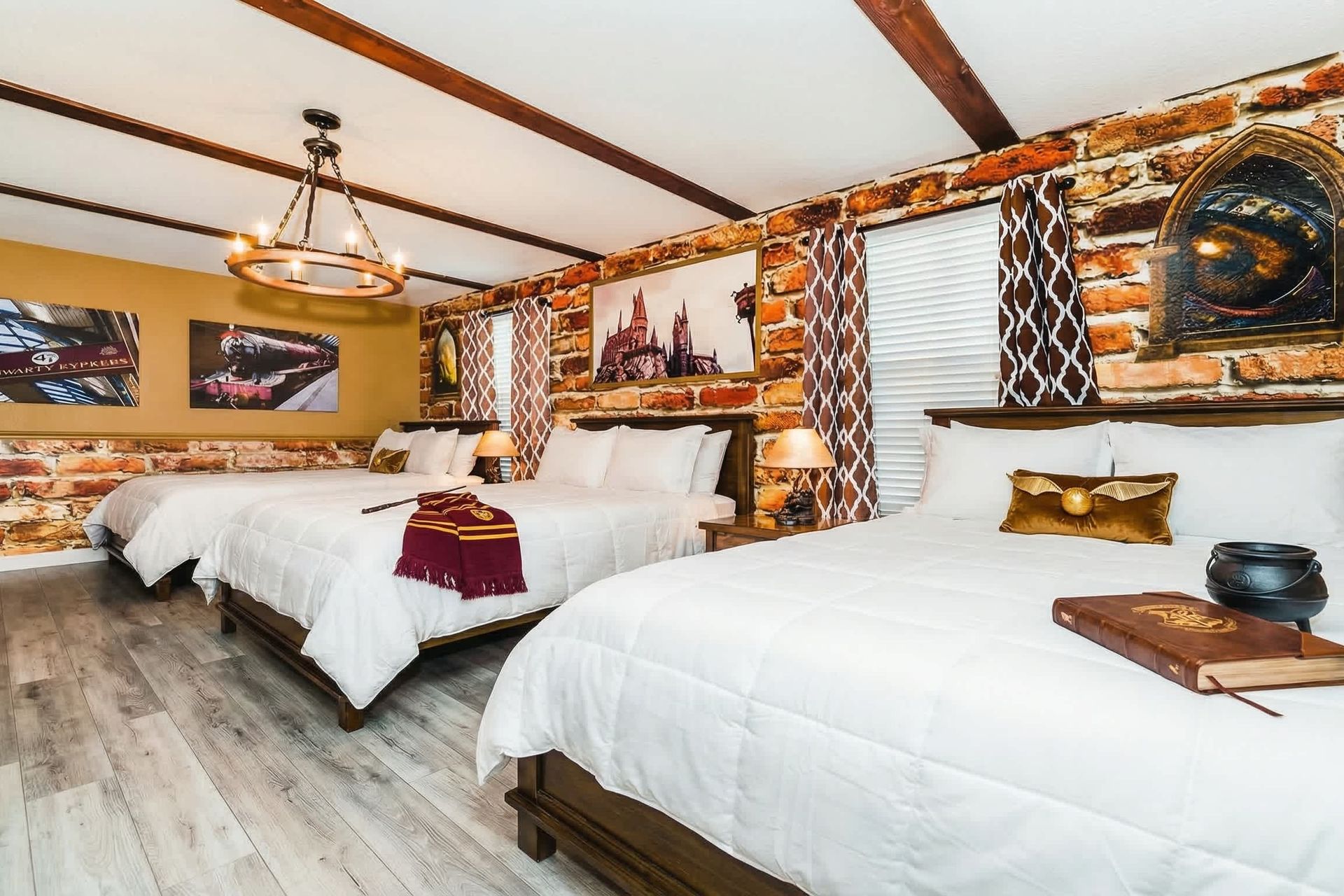 Wizard-themed bedroom with cozy beds, magical decor, and Hogwarts vibe—perfect for fans of all ages!