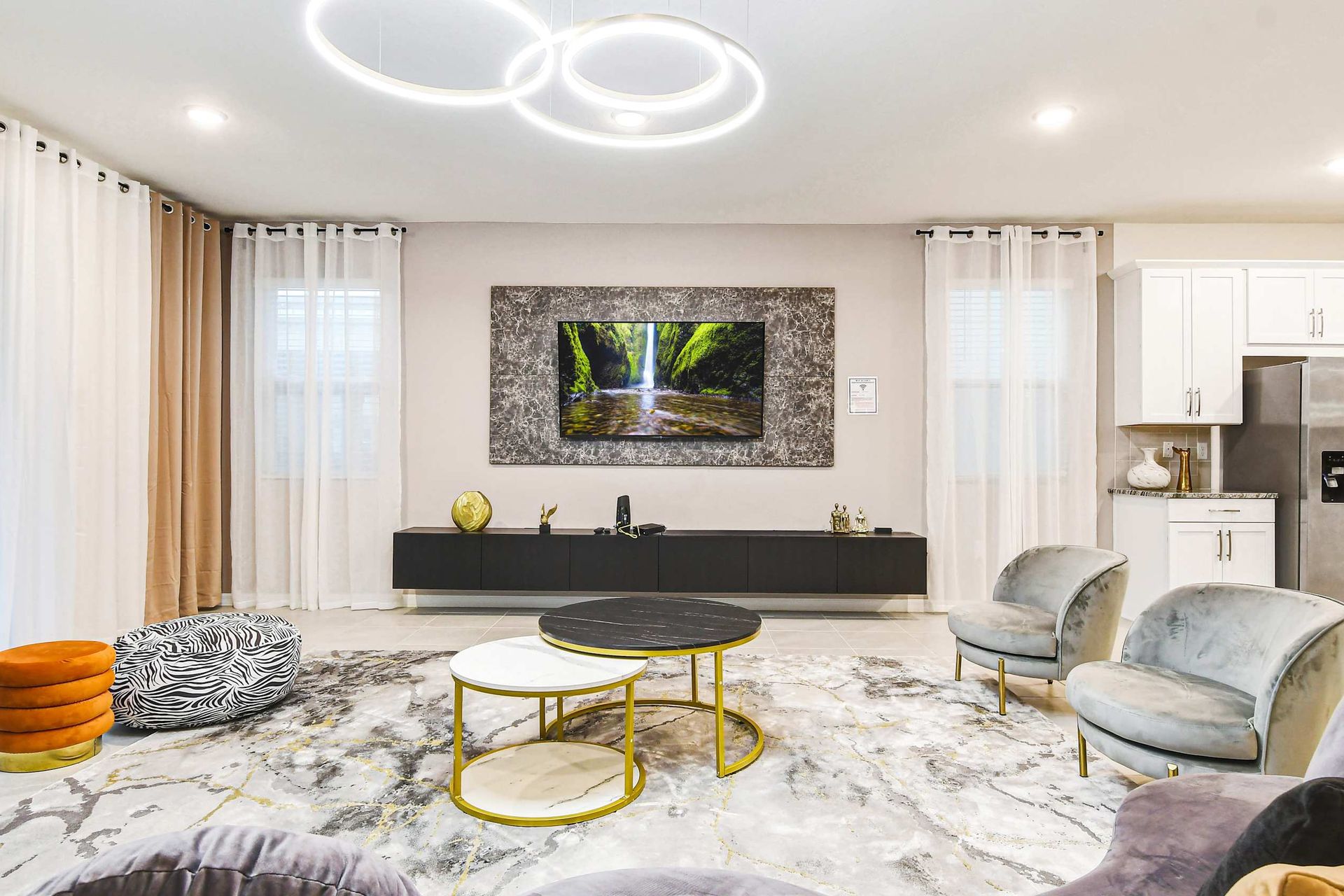 Illuminated with ambient lights, creating a cozy and inviting atmosphere for relaxation and socializing