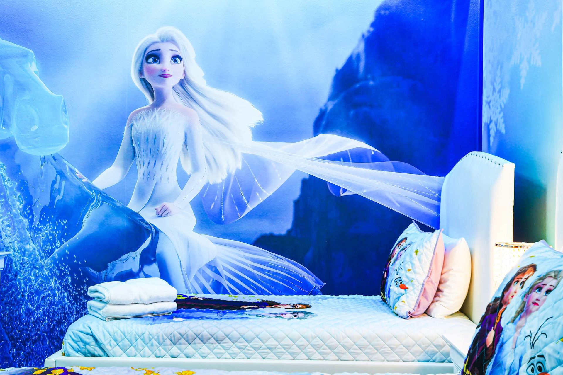 Enchanting Frozen-themed kids' room with twin beds and magical decor.