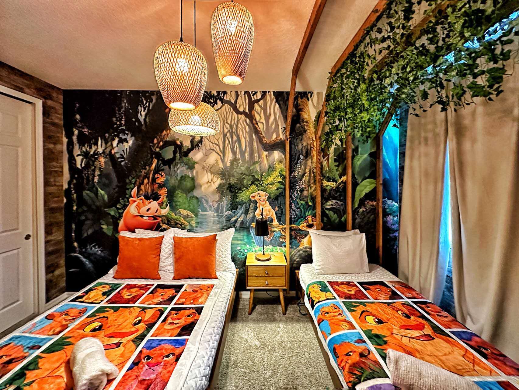 Roar into fun with a Lion King-inspired room, featuring 1 full bed and 1 twin bed for a wild and cozy stay.