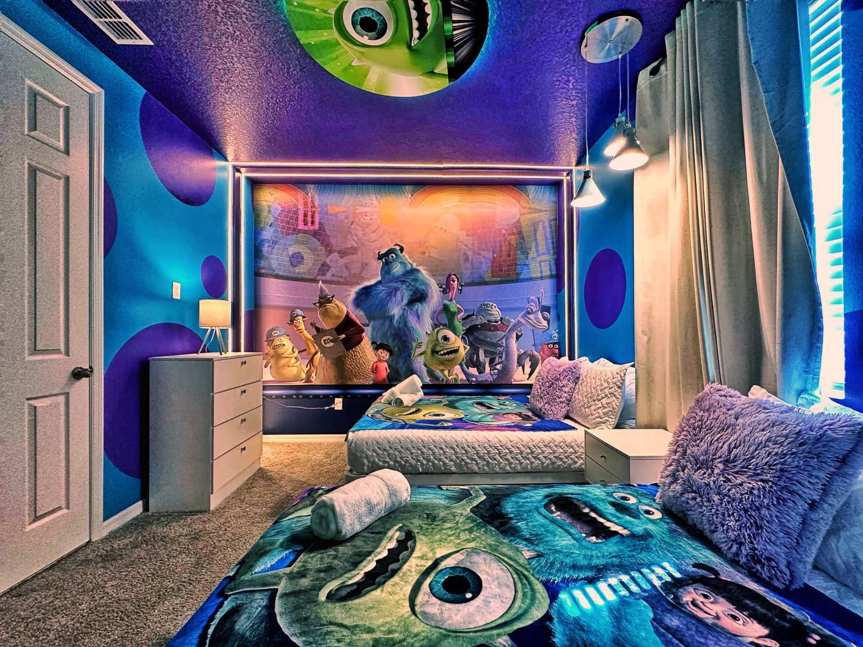 Immerse in Monsters Inc. charm with playful decor, creating a whimsical and delightful ambiance