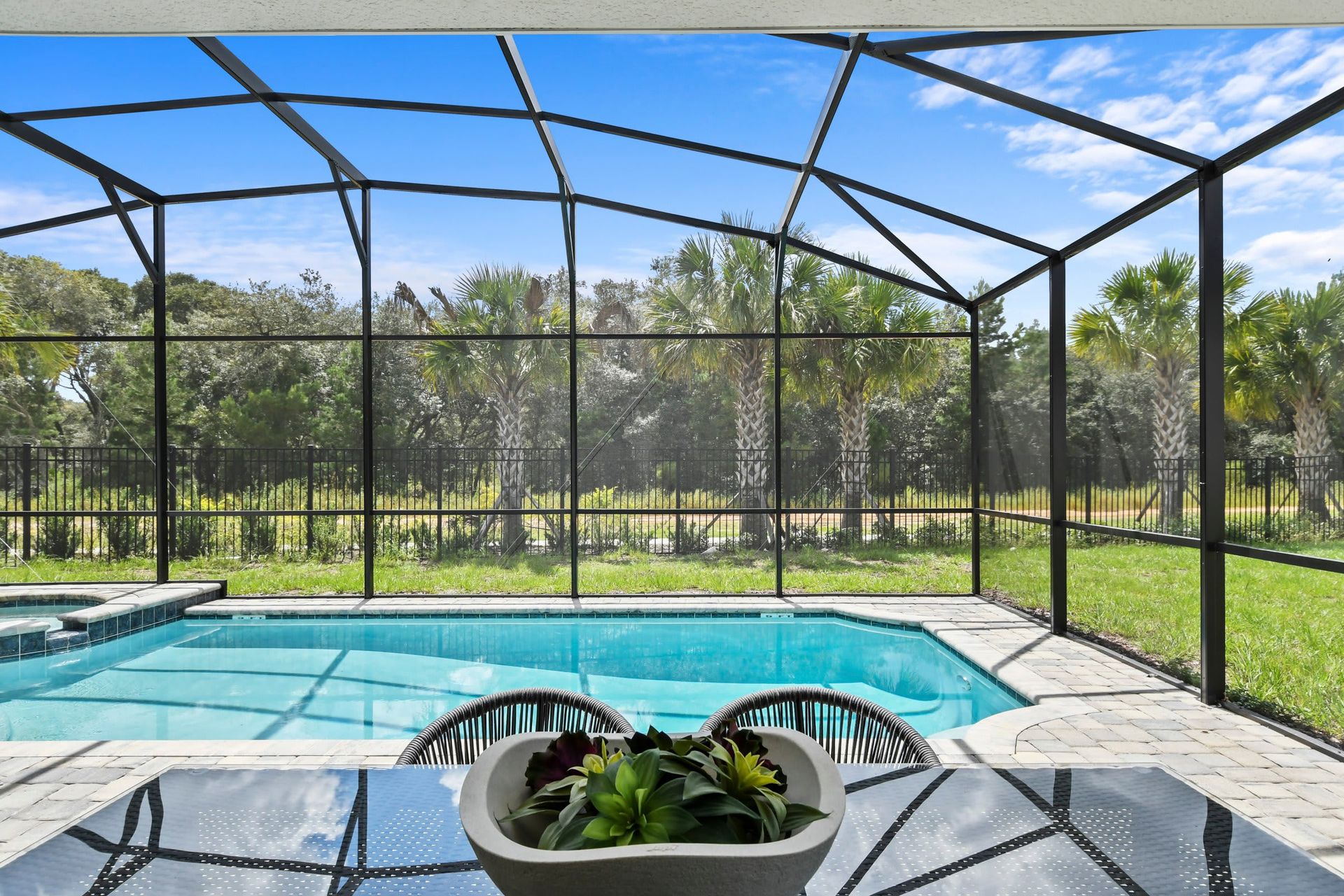Screened-in pool and spa with tranquil nature views, perfect for outdoor dining.