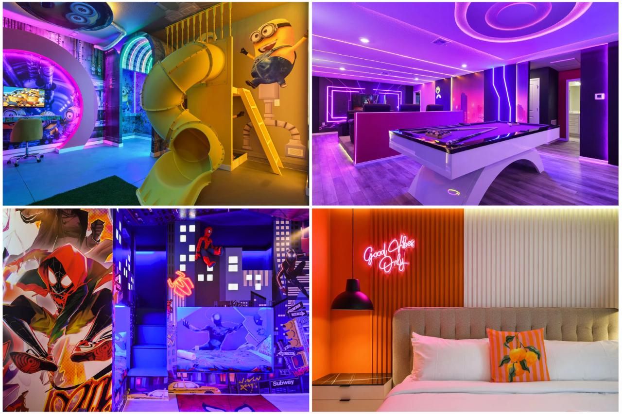 Vibrant themed rooms with slides, neon lights & movie-inspired decor for an unforgettable stay!
