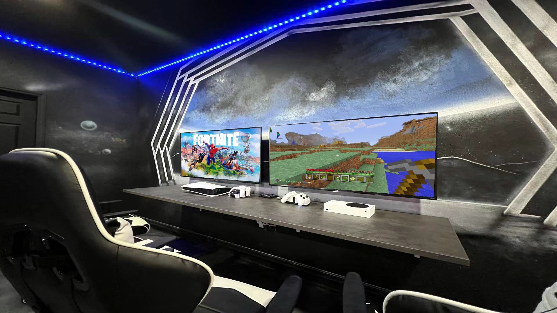 Step into the ultimate gaming setup! Dual screens for gaming adventures await you.