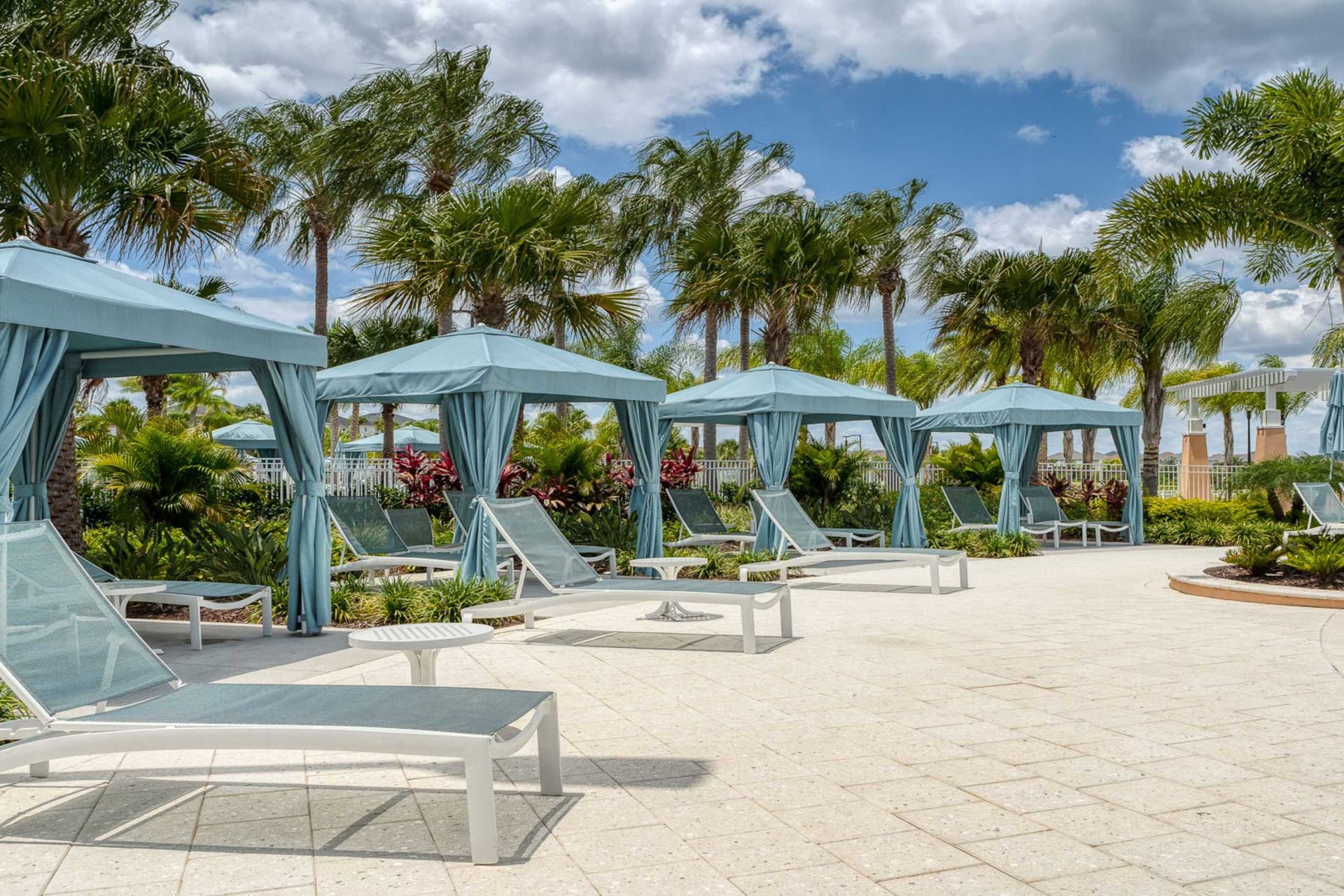 Private poolside cabanas with lush palms, perfect for relaxing in shaded luxury.
