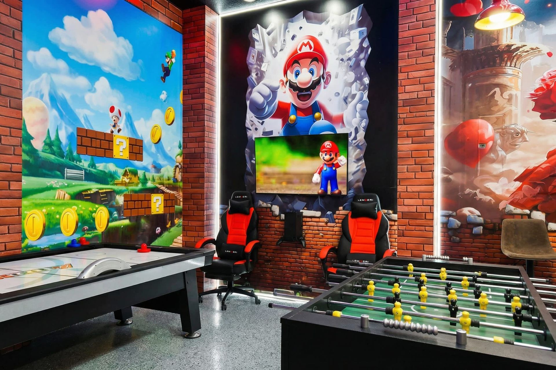 Ultimate Mario-themed game room with gaming chairs, air hockey, and vibrant decor!