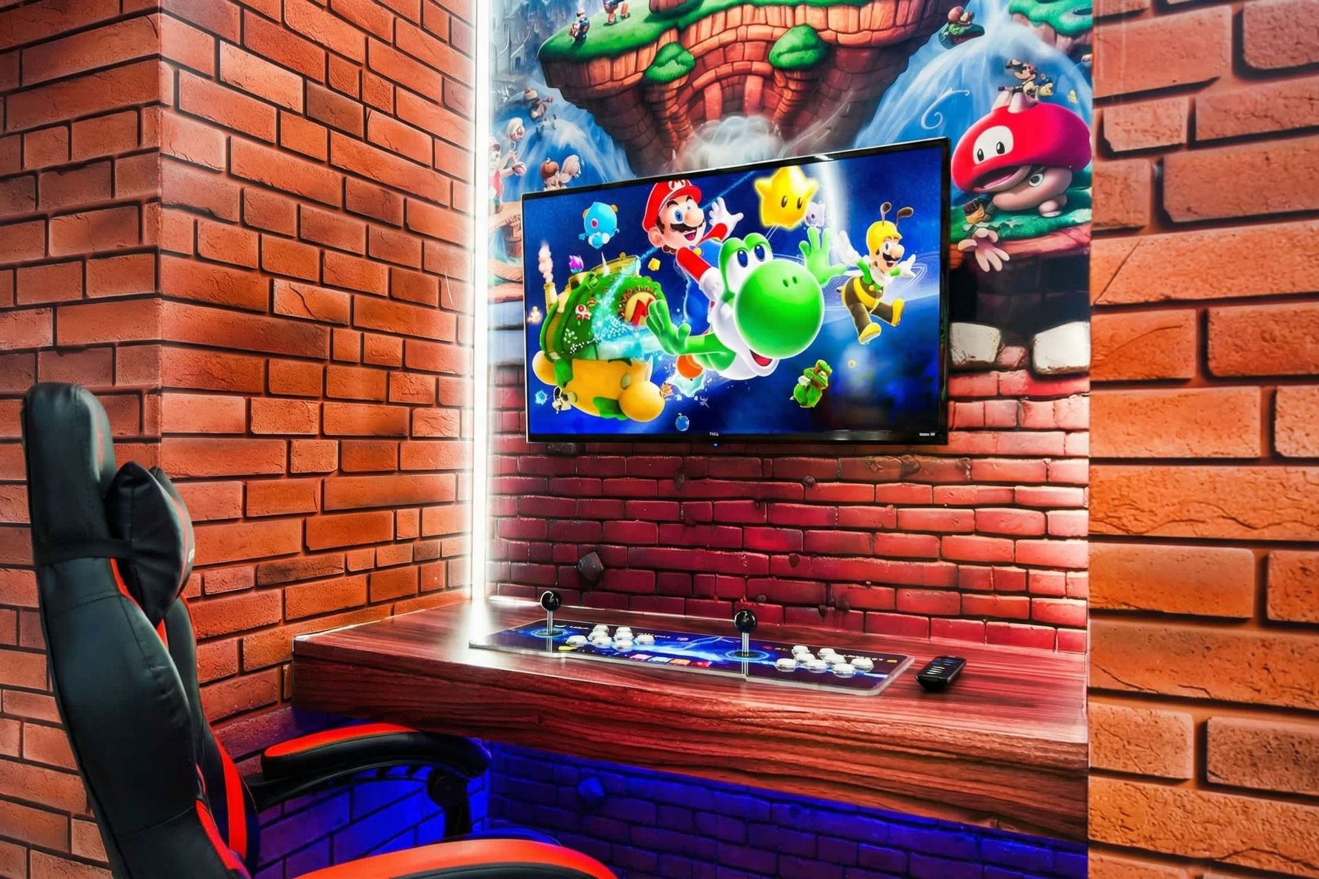 Epic Mario-themed gaming corner with arcade controls, LED lighting, and vibrant decor!