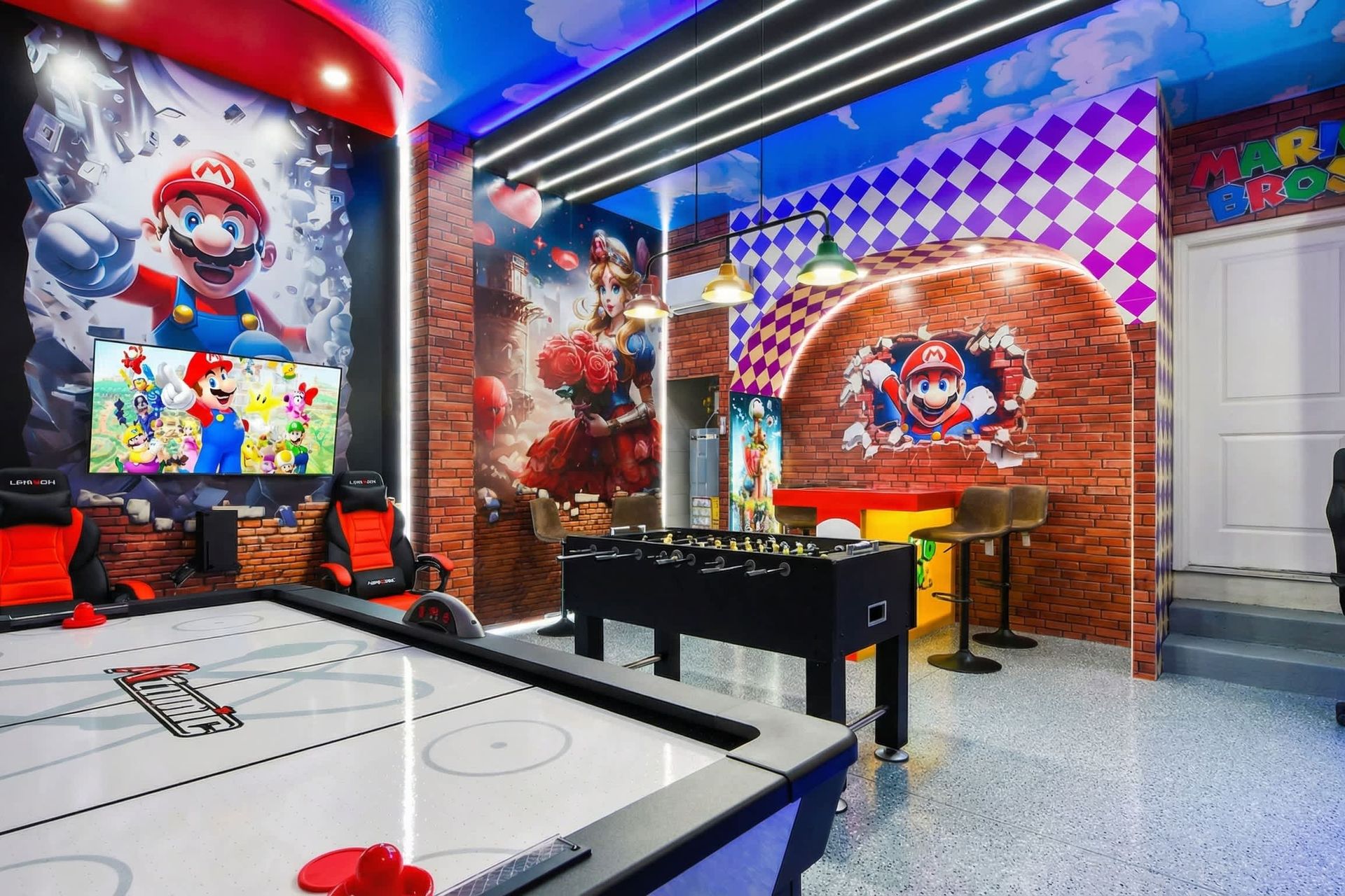 Epic Mario-themed gaming corner with arcade controls, LED lighting, and vibrant decor!