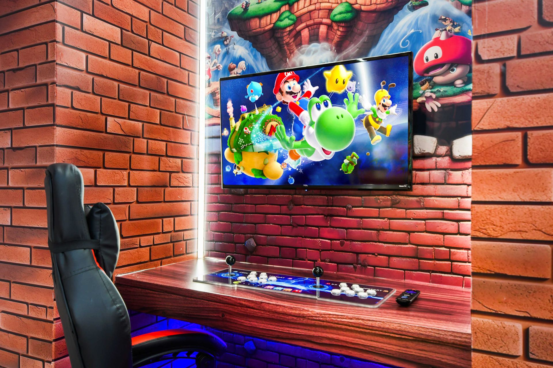 Epic Mario-themed gaming corner with arcade controls, LED lighting, and vibrant decor!