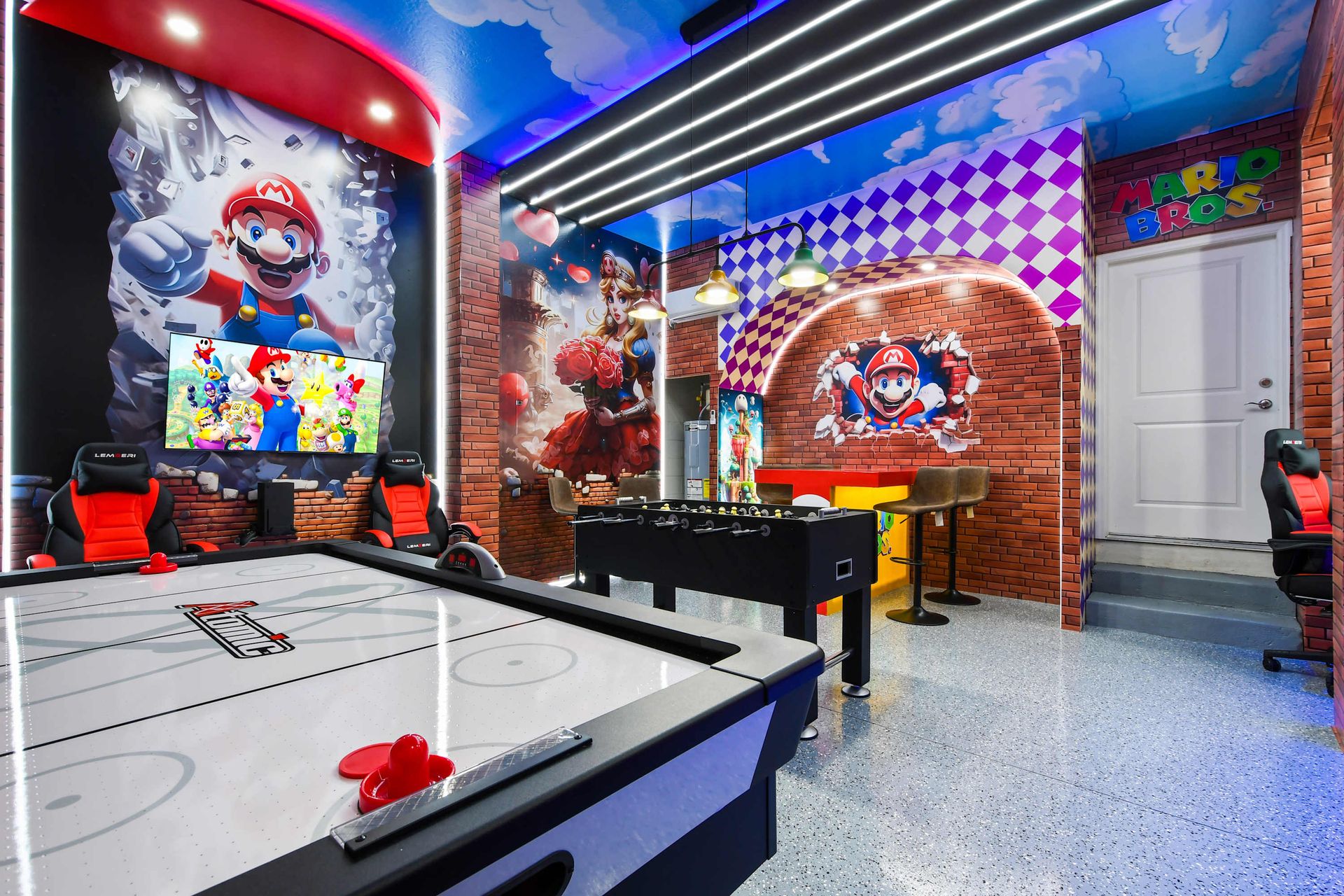 Epic Mario-themed gaming corner with arcade controls, LED lighting, and vibrant decor!