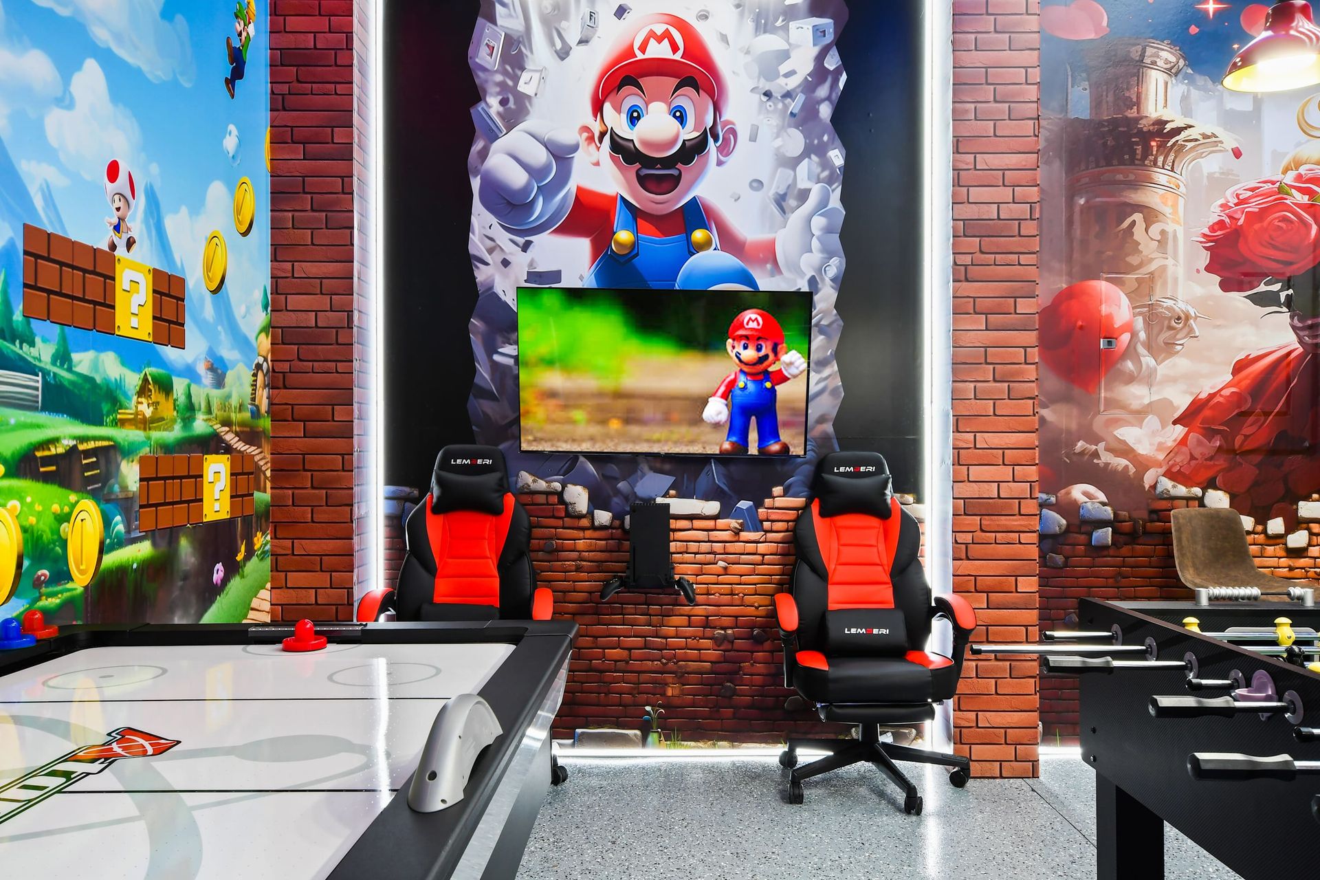 Ultimate Mario-themed game room with gaming chairs, air hockey, and vibrant decor!