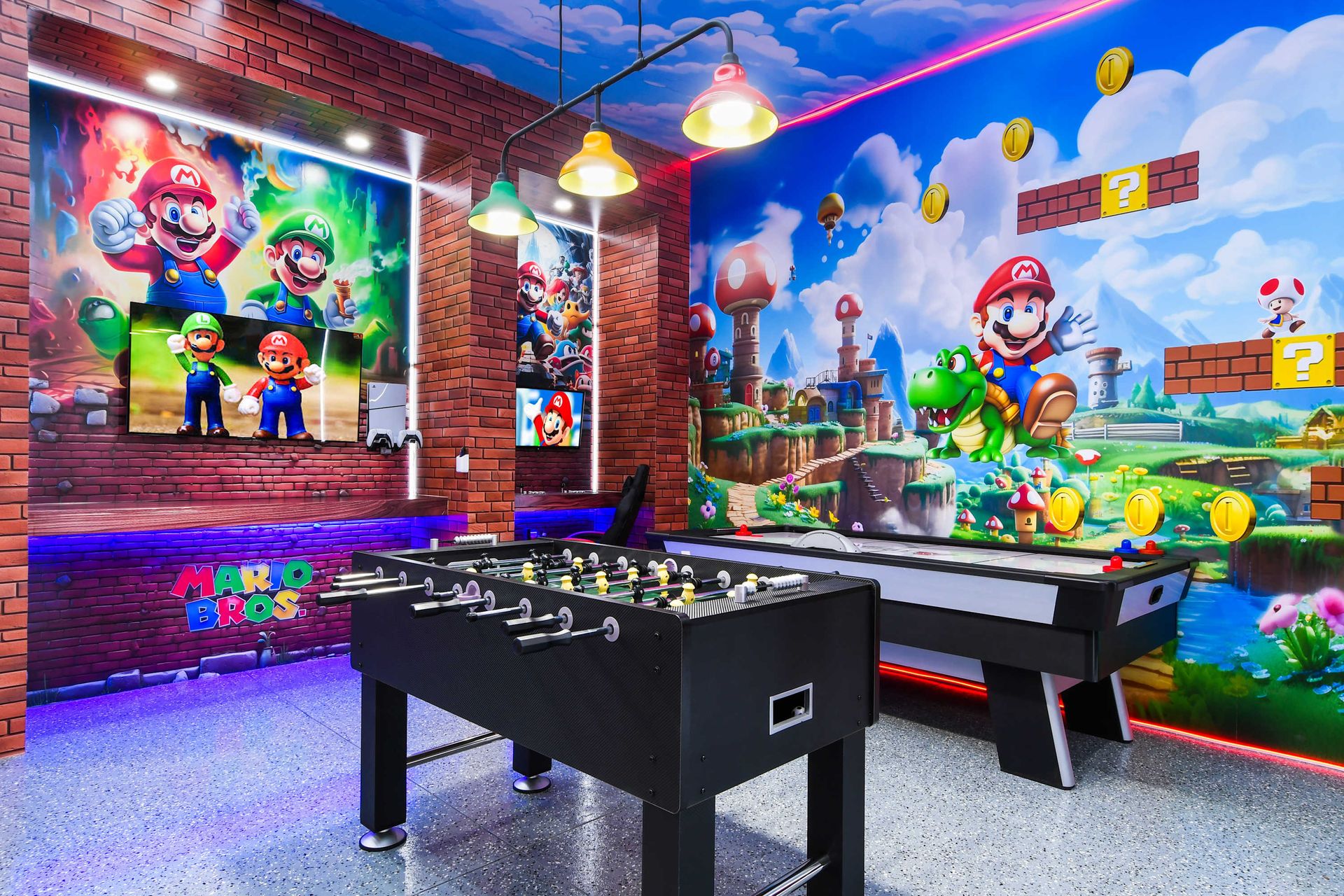 Epic Mario-themed game room with arcade vibes, foosball, air hockey, and LED lights!