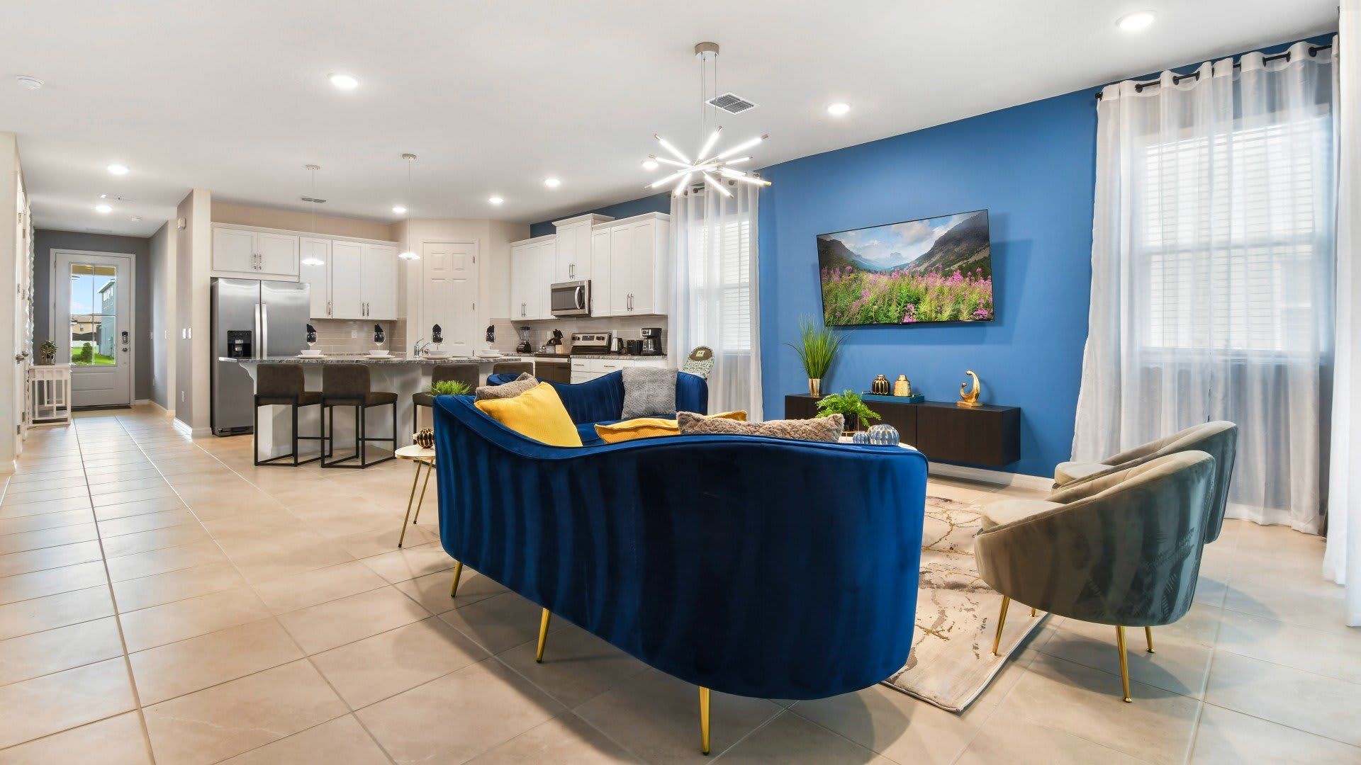 Stylish getaway with vibrant decor, open space, and modern comforts