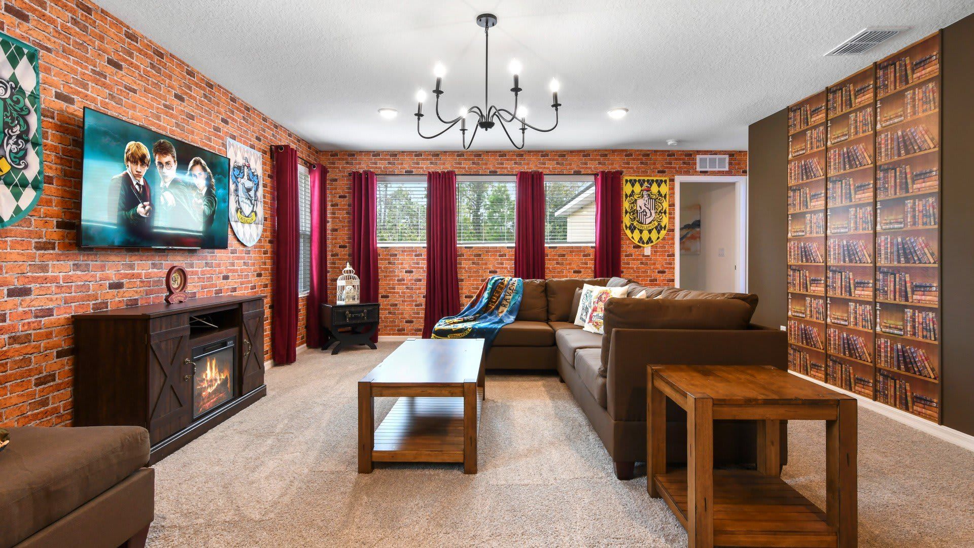 Magical Harry Potter-themed lounge with cozy vibes, brick walls, and wizard decor!