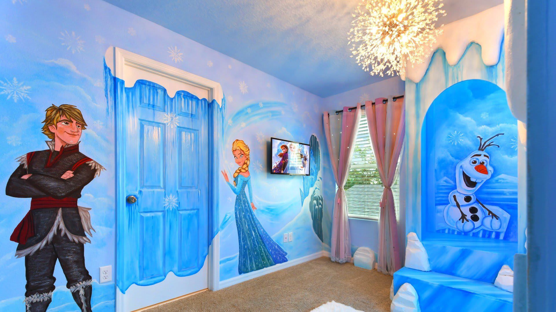 Whimsical Frozen-themed bedroom with icy castle bunk beds and magical decor!