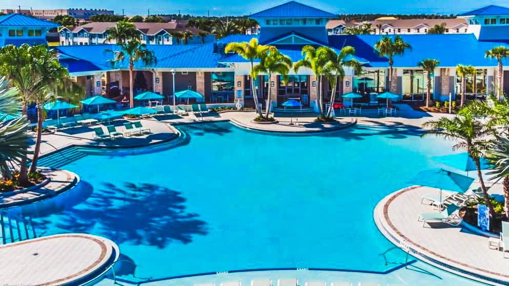Expansive resort-style pool with lush palm trees and ample lounge seating for relaxation.