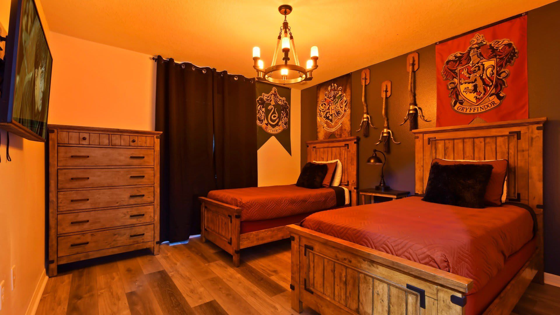 Kids will love the upstairs bedroom with a cool Harry Potter theme