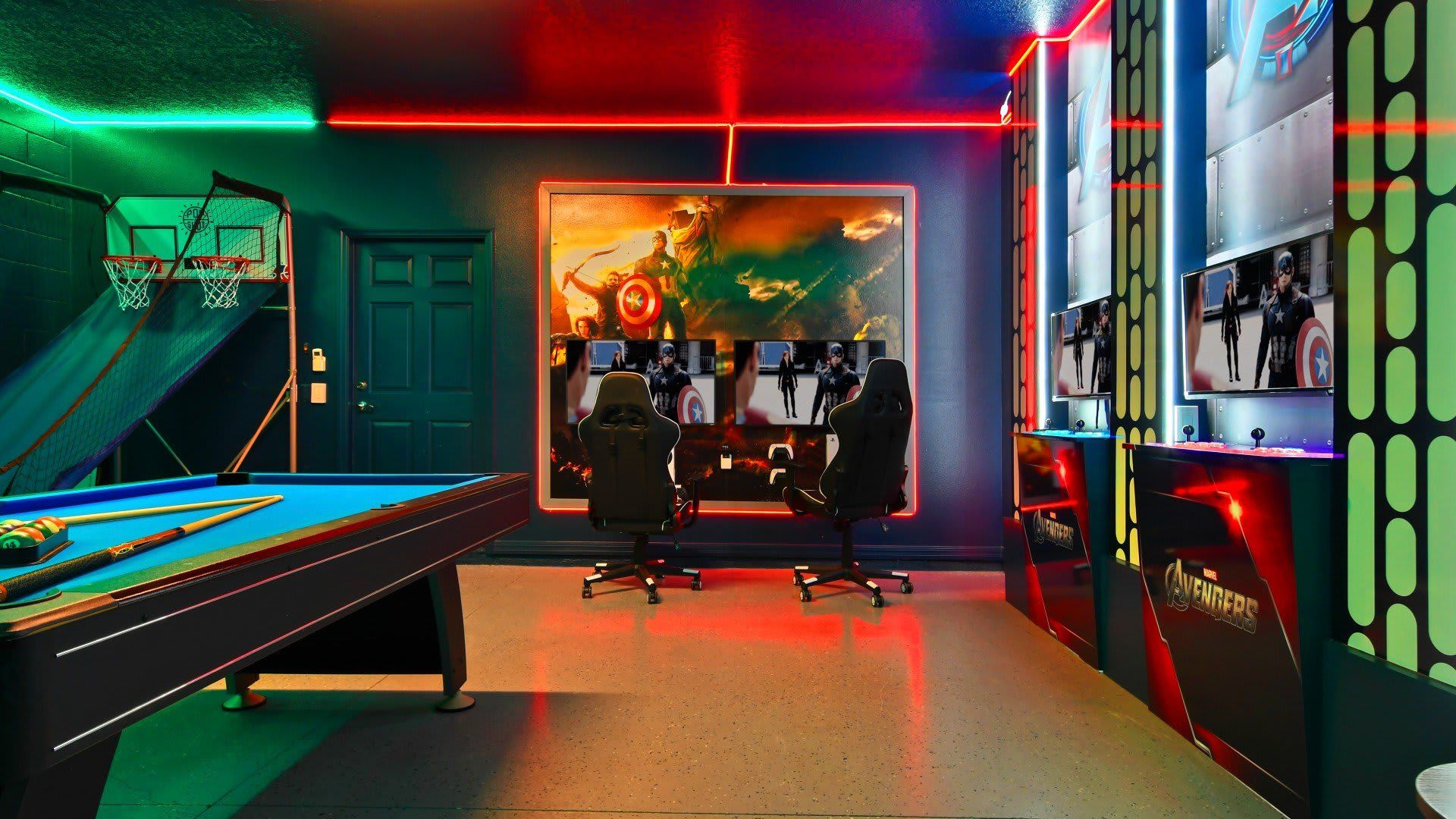 Avengers-themed game room with dual gaming stations, pool table & epic LED lights!