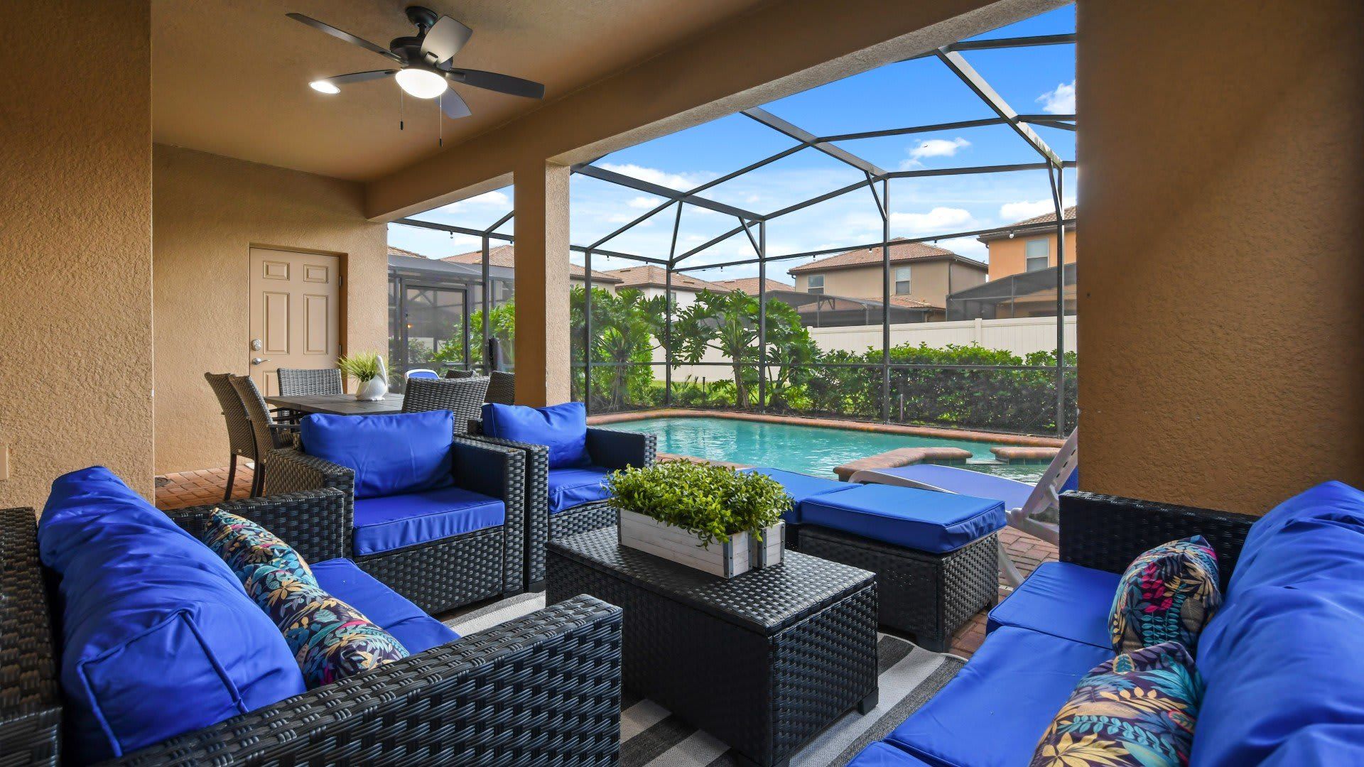 Relax in this stunning screened-in patio with a private pool, lounge & dining area!