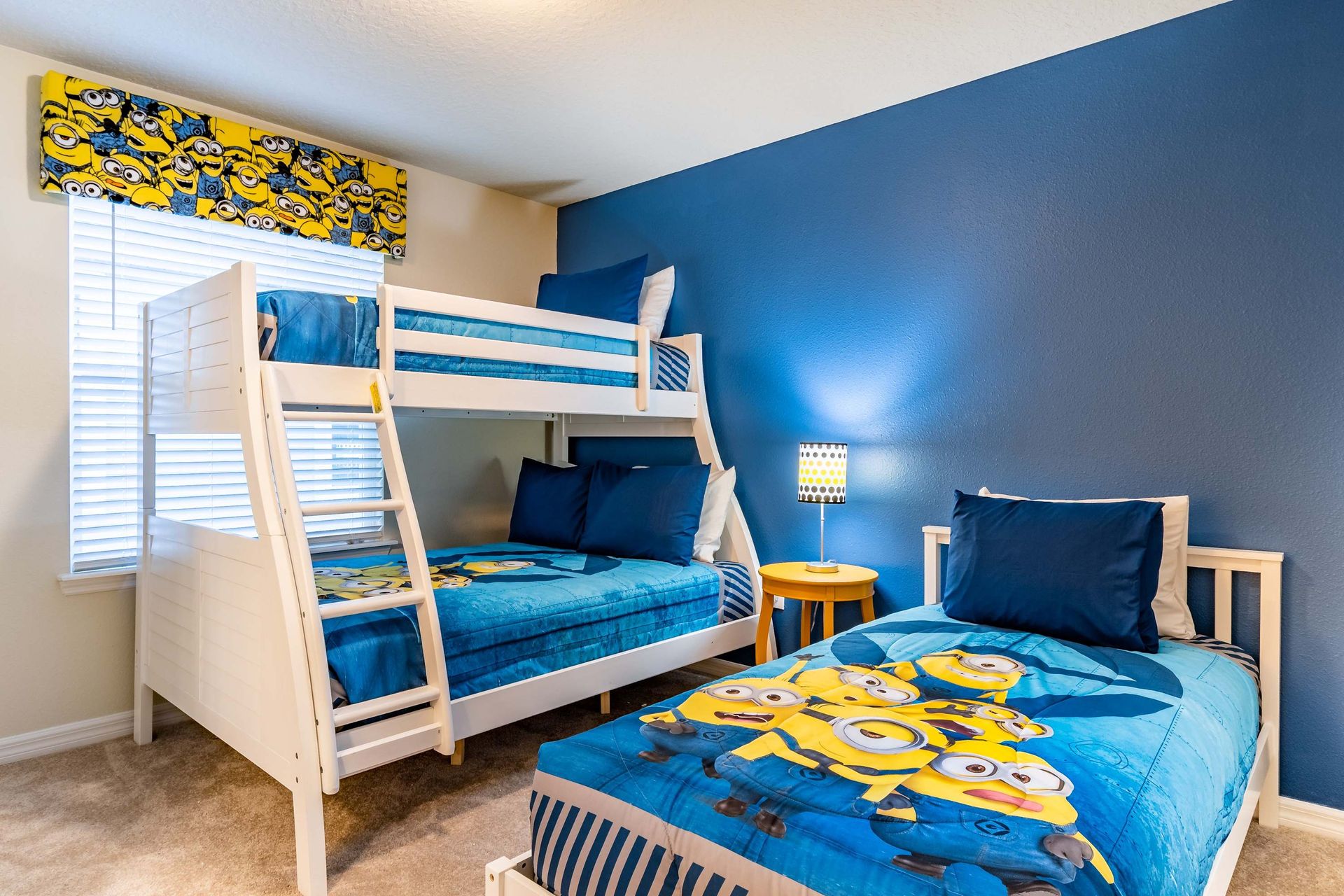 Fun kids' room with bunk beds and playful decor, perfect for families.