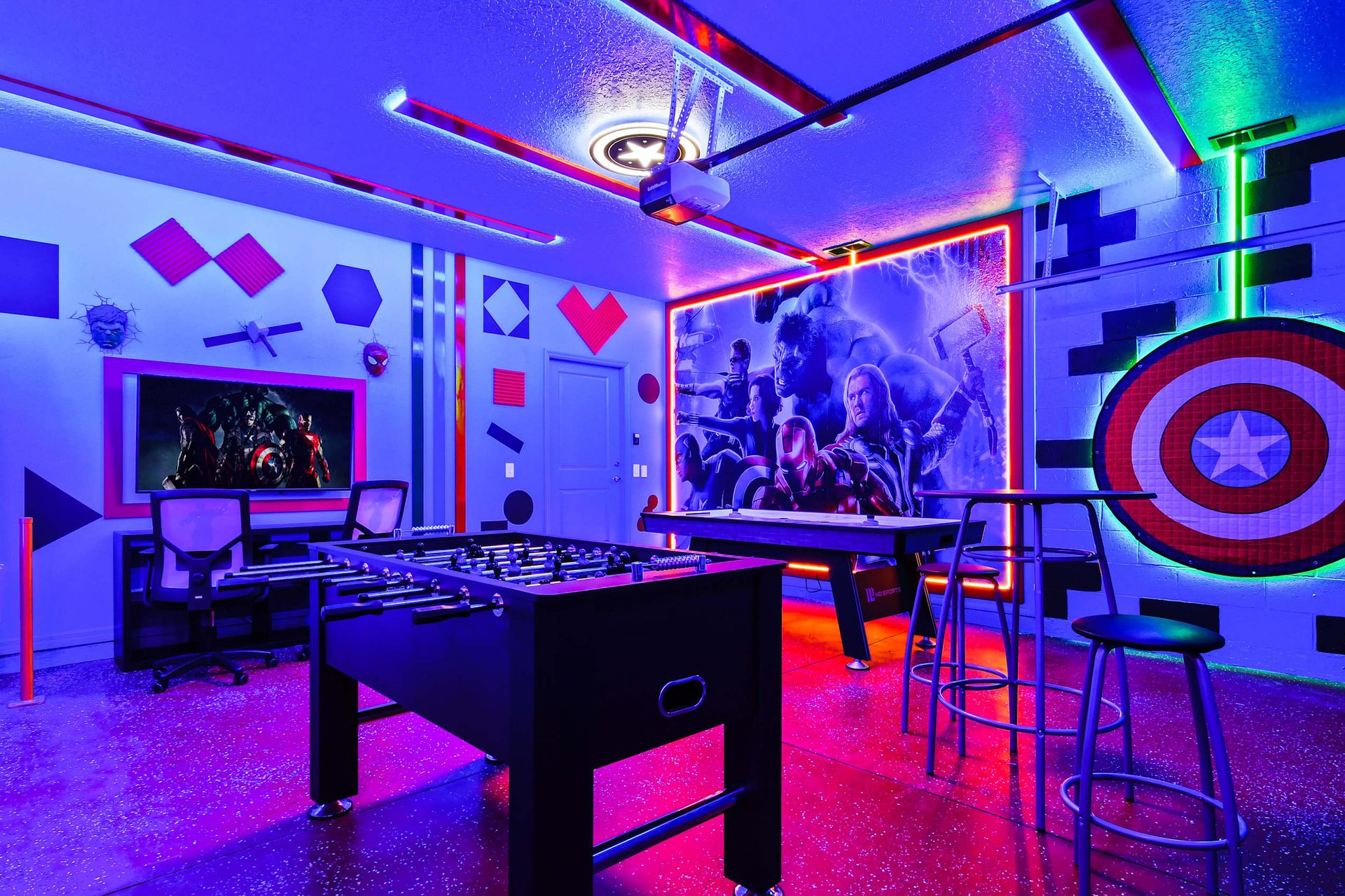 The game room is stylishly furnished with Avenger theme with cool lights