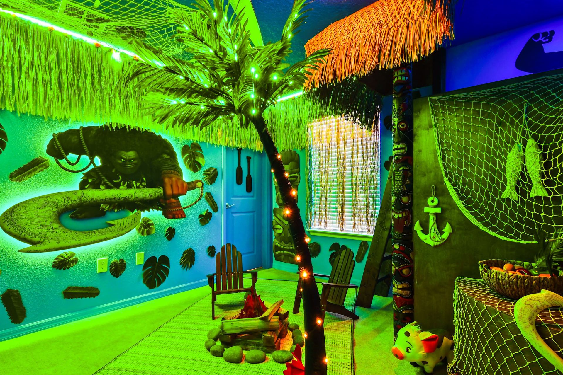 Tropical island-themed room with vibrant decor, tiki details, and cozy ambiance!