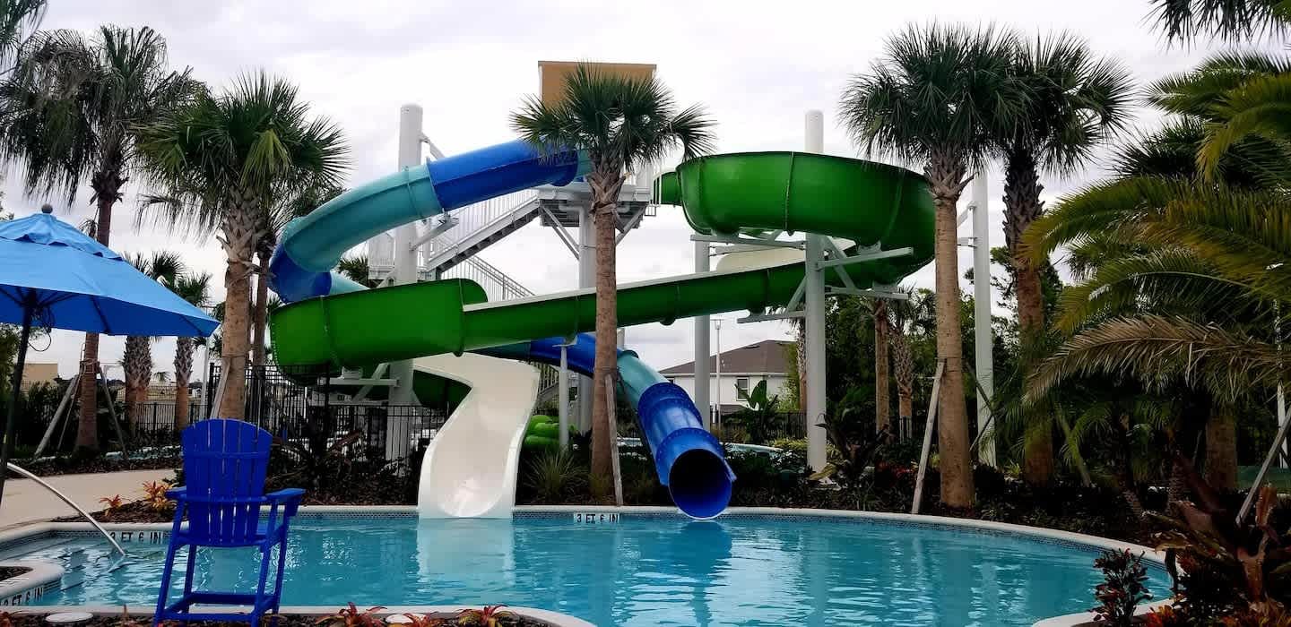 Slides and towers twist across a water park paradise.