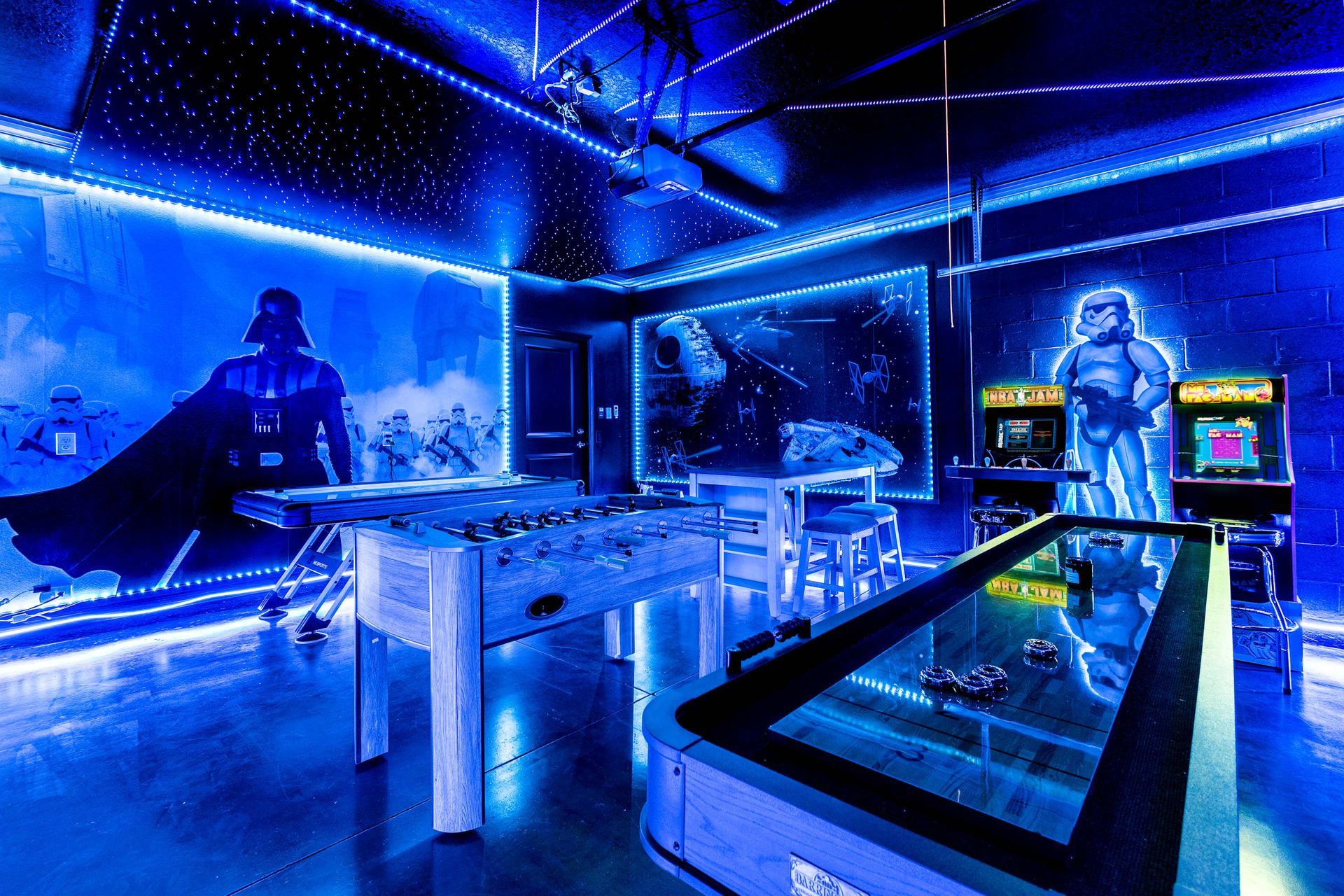 Immerse yourself in our galactic game room, featuring state-of-the-art arcade games, air hocky and foosball. Perfect for both kids and adults.