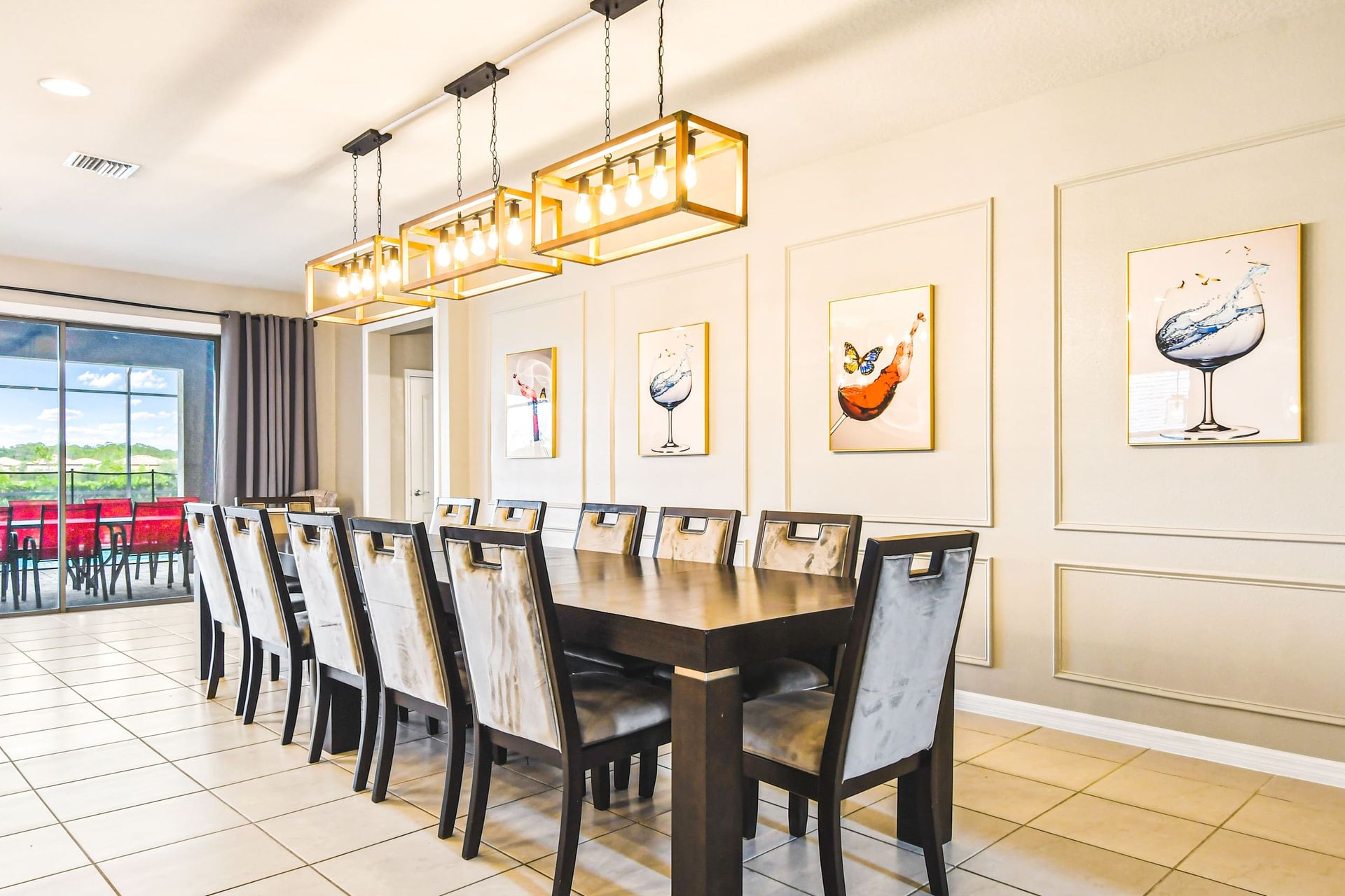 Elegant dining space for memorable meals, modern lighting & lake-view patio!