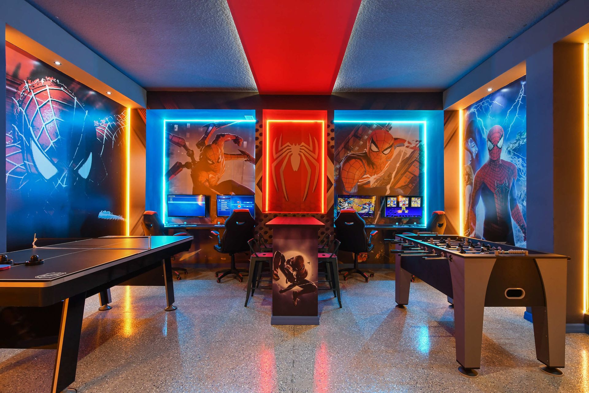 Cosmic home theater with galaxy walls, starry ceiling, and plush reclining seats
