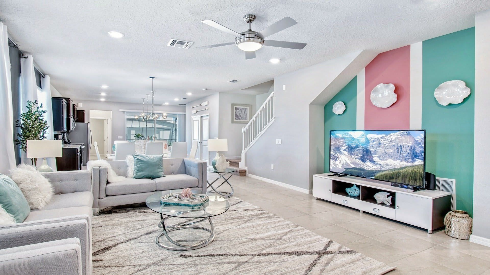 Spacious living room with multiple comfortable couches